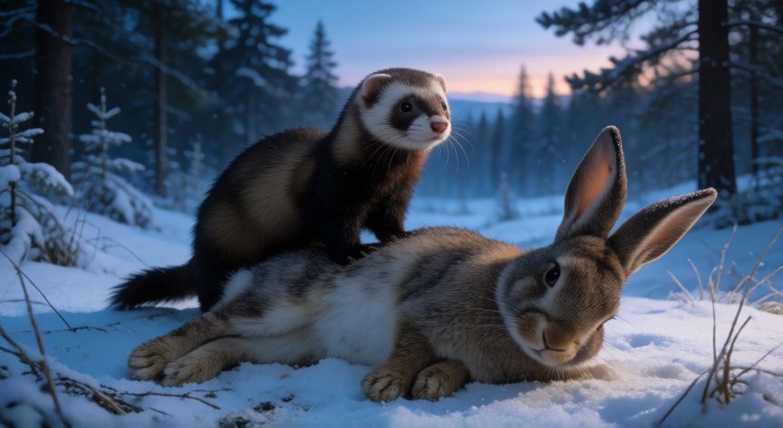 que animal mata por placer, Comadreja sobre una liebre en un bosque nevado al amanecer