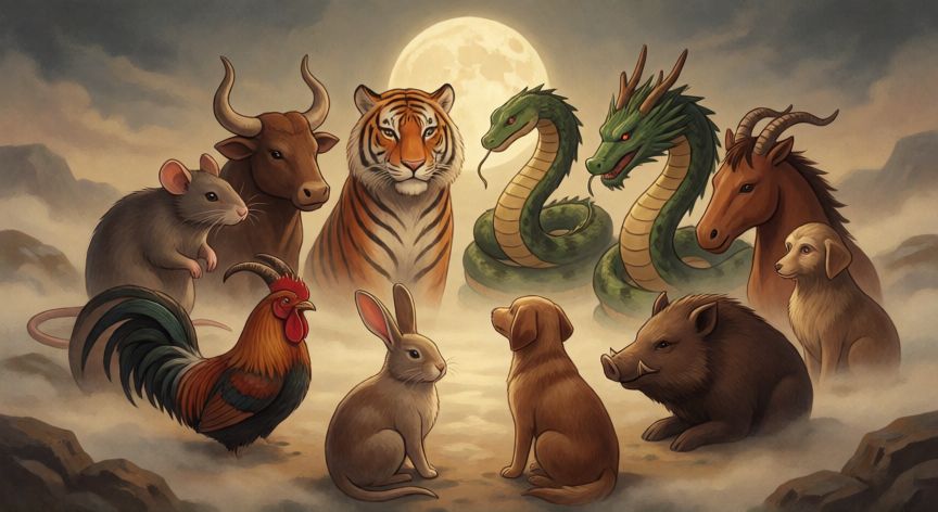 que animal me representa, Los doce animales del zodiaco chino en círculo bajo la luna llena
