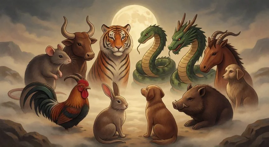 Círculo de animales arquetipo en un bosque al atardecer, representando la diversidad de personalidades