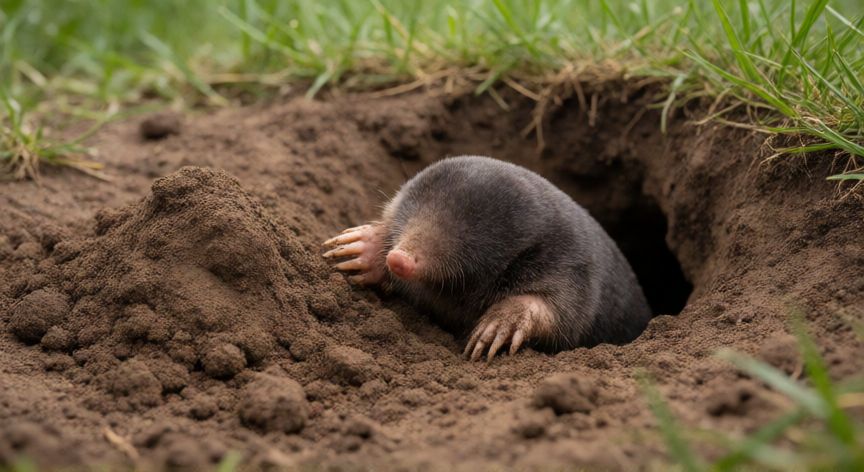 que animal mete la cabeza en la tierra, Topo asomando la cabeza de un túnel excavado en la tierra