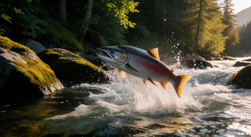 Salmón del Pacífico saltando en un río durante su migración reproductiva final