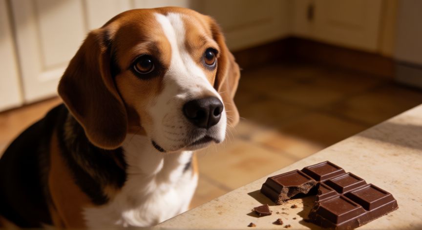 que animal muere si come chocolate, Perro beagle preocupado junto a una barra de chocolate rota en el suelo de la cocina