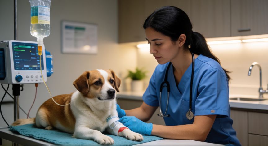 que animal muere si come chocolate, Veterinario tratando a un perro con suero intravenoso por intoxicación con chocolate en una clínica veterinaria