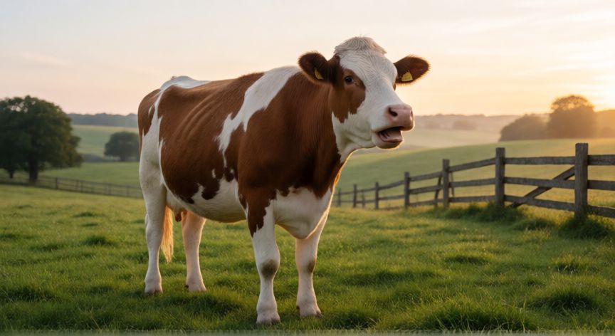 que animal muge, Vaca lechera mugiendo en un prado verde al amanecer