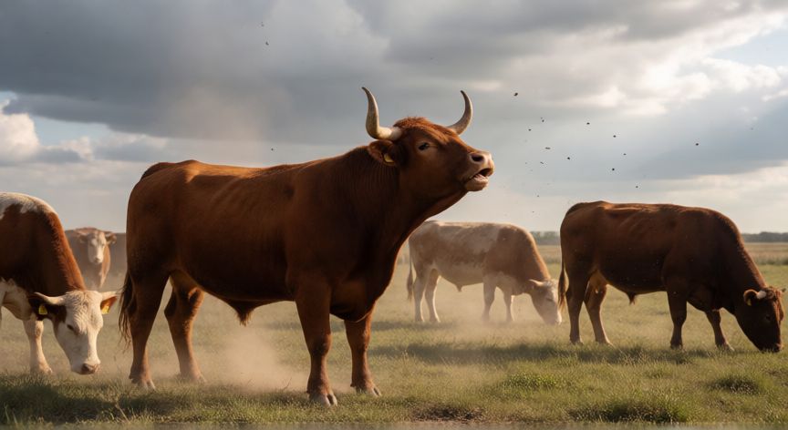 que animal muge, Rebaño de ganado bovino en un pastizal con un toro bramando al fondo