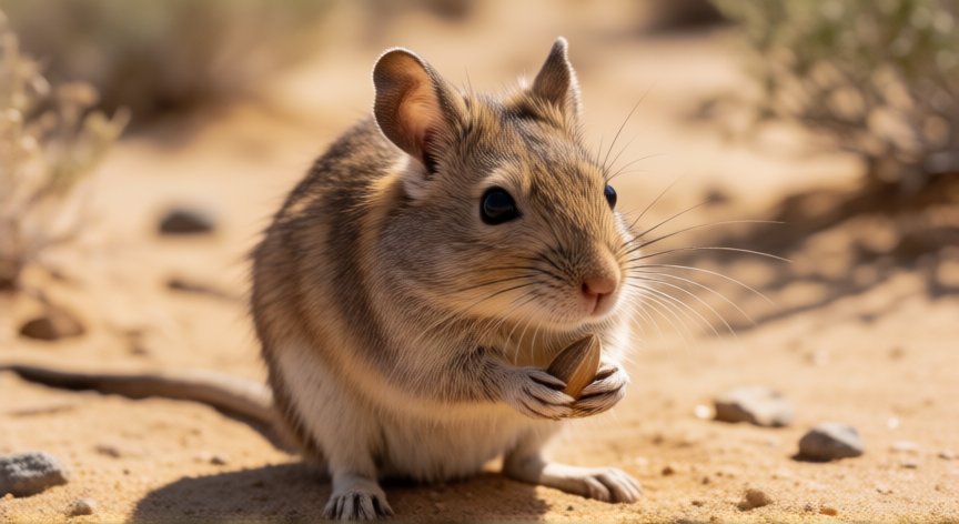 qué animal no bebe agua, Rata canguro en el desierto sosteniendo una semilla