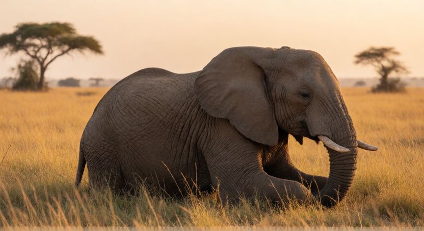 que animal no duerme, Elefante africano descansando en la sabana, el mamífero que menos duerme