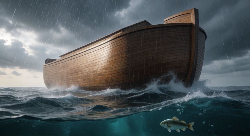 que animal no entro en el arca de noe, El Arca de Noé flotando en el océano durante el diluvio mientras un pez nada cerca del casco