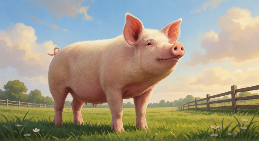 que animal no puede mirar al cielo, Cerdo de pie en un prado intentando mirar hacia el cielo nublado