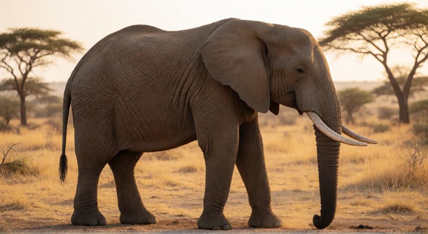 que animal no puede saltar, Elefante africano de pie en la sabana con las cuatro patas firmes en el suelo
