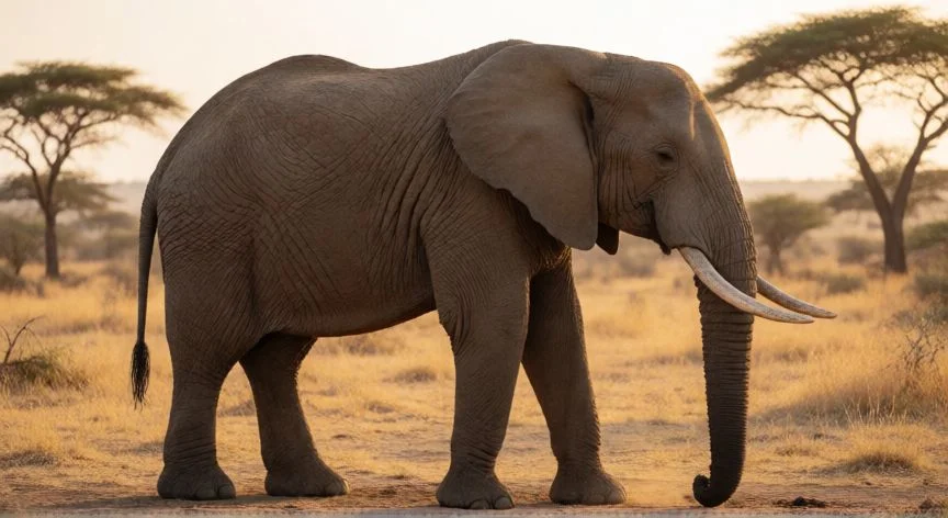 Elefante africano de pie en la sabana con las cuatro patas firmes en el suelo