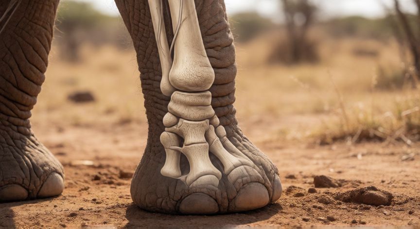 que animal no puede saltar, Pata de elefante con ilustración anatómica de sus huesos y tendones