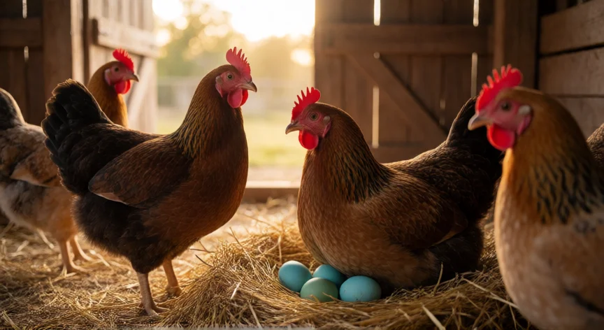 Gallinas Araucana con huevos azules en un nido de paja dentro de un granero de madera