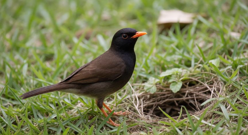 que animal no puso el huevo azul, Tordo europeo de plumaje oscuro cerca de su nido en un prado