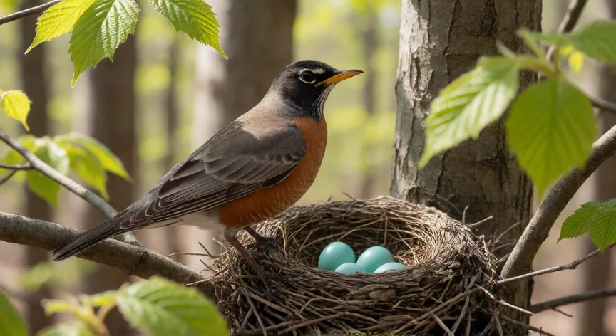 que animal no puso el huevo azul, Petirrojo americano en su nido con huevos de color azul Tiffany entre las ramas de un bosque