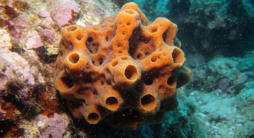 que animal no tiene cerebro, Esponja marina de colores naranjas filtrando agua en un arrecife submarino