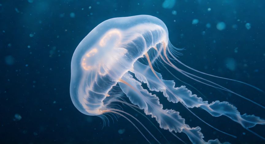 que animal no tiene lengua, Medusa luna nadando en el océano sin lengua, con tentáculos y cuerpo translúcido