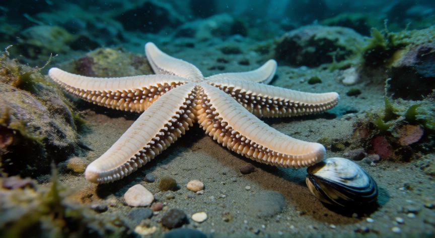 que animal no tiene lengua, Estrella de mar en el fondo marino mostrando sus pies tubulares y sin lengua