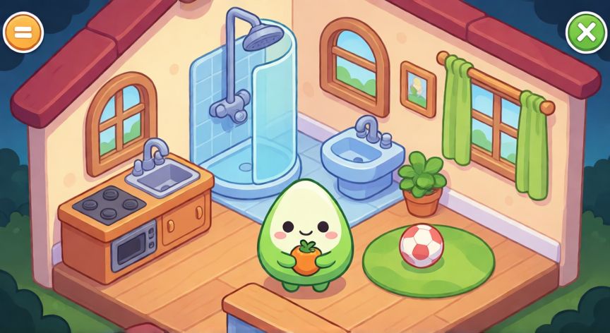 que animal o cosa es pou, Interior de la casa virtual de Pou con cocina, baño y sala de juegos
