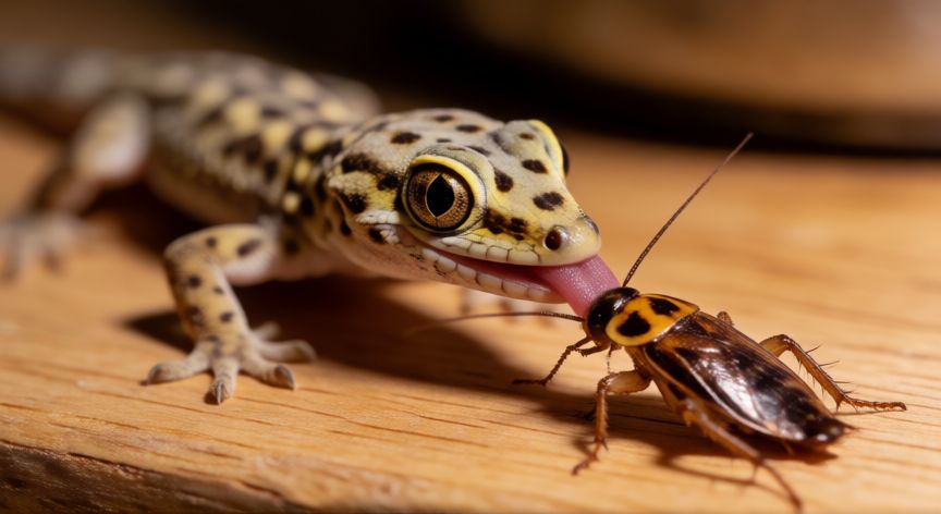 que animal o insecto come cucarachas, Geco cazando una cucaracha sobre una superficie de madera en una cocina