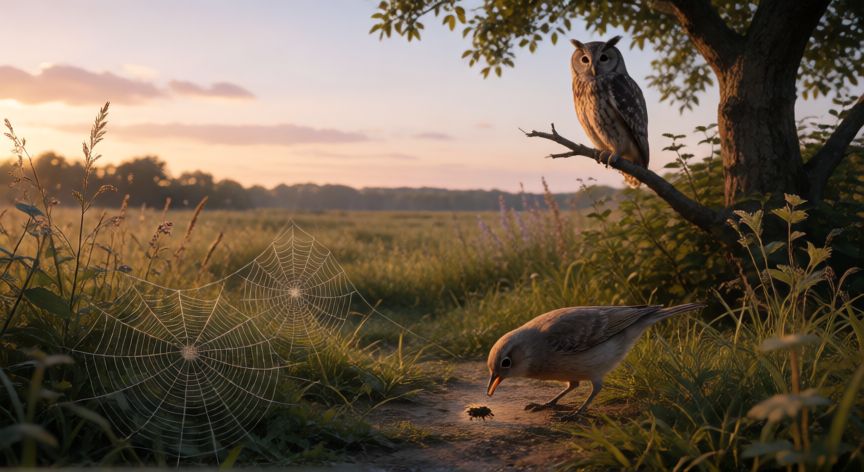 que animal o insecto come cucarachas, Escena natural al atardecer con aves, murciélagos y arañas depredando insectos