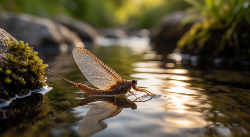 que animal o insecto vive 24 horas, Efímera con alas translúcidas sobre la superficie de un arroyo de montaña