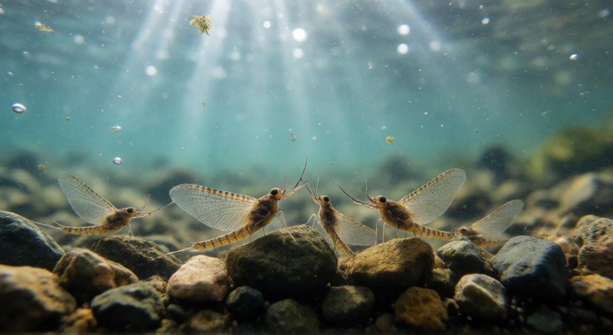 que animal o insecto vive 24 horas, Ninfas de efímera en el fondo de un río de agua dulce