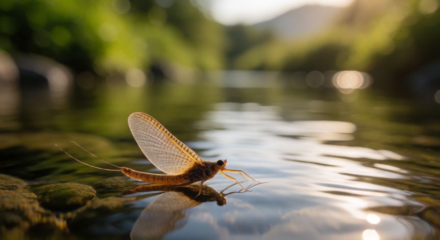 que animal o insecto vive un dia, Esfímera adulta con alas transparentes posada sobre la superficie de un río cristalino