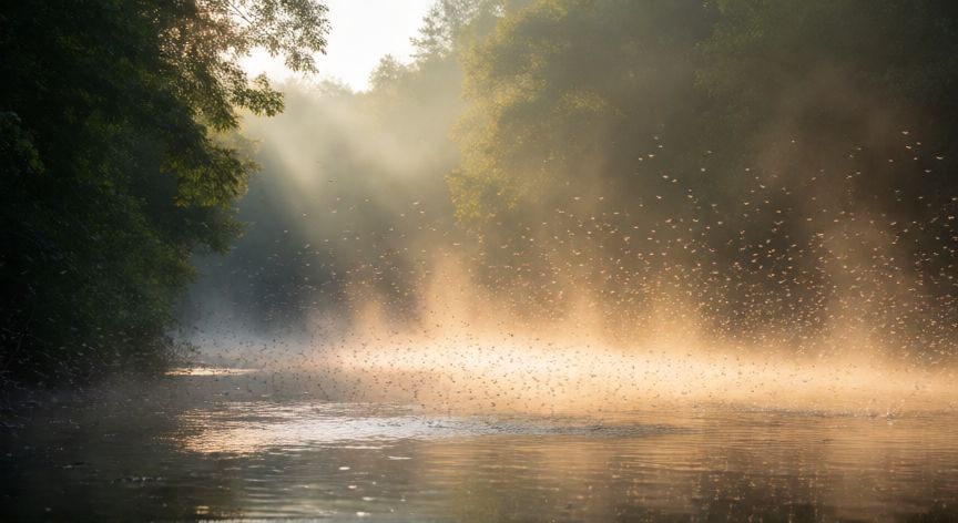 que animal o insecto vive un dia, Enjambre masivo de efímeras emergiendo de un río al amanecer en plena eclosión