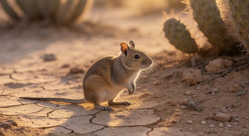 que animal obtiene agua de los alimentos, Rata canguro en un paisaje desértico de Norteamérica