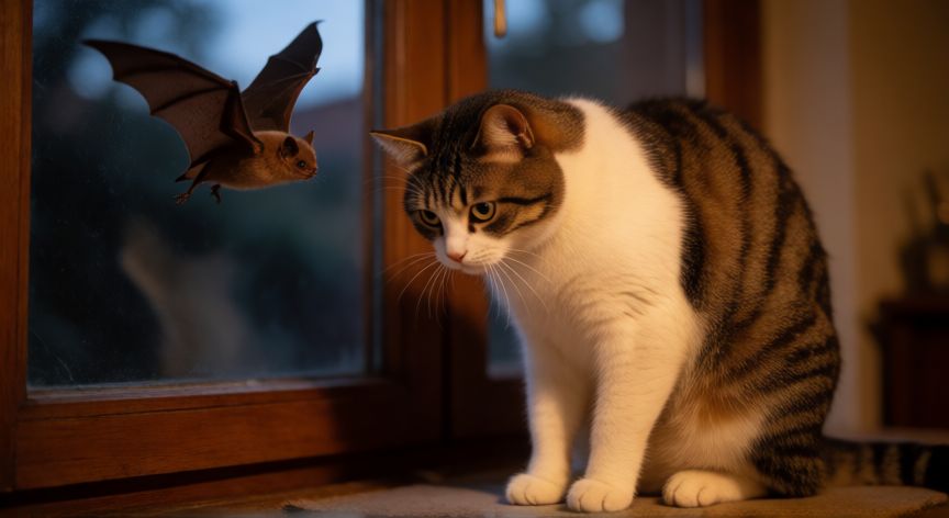 que animal odian los gatos, Gato en posición defensiva mirando fijamente a un murciélago cerca de una ventana