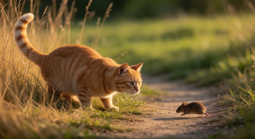 que animal odian los gatos, Gato naranja acechando a un ratón en la hierba con el instinto de caza activado