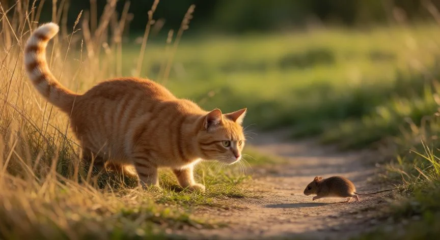 que animal odian los gatos, Búho cornudo en picada nocturna sobre un gato doméstico asustado en un jardín