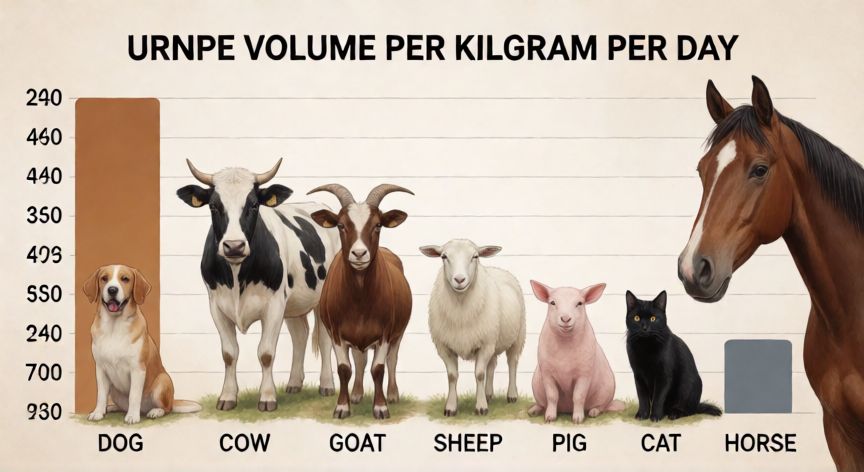 Comparativa del volumen urinario por kilo en perro, vaca, cabra, oveja, cerdo, gato y caballo