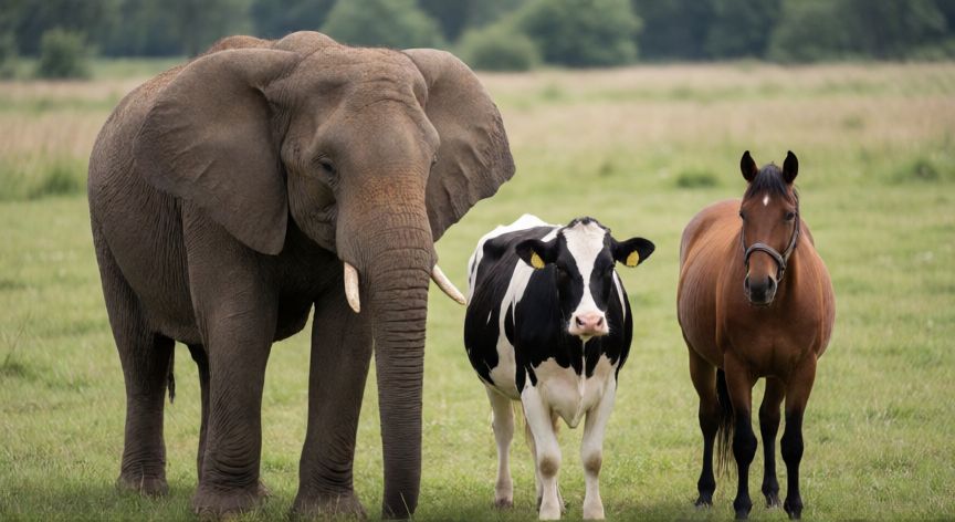 que animal orina mucho, Elefante, vaca y caballo comparados en tamaño en un prado