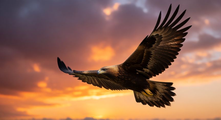 que animal oviparo puede volar, Águila dorada volando con las alas desplegadas al atardecer