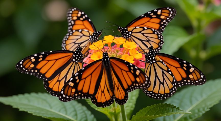 que animal oviparo puede volar, Mariposas monarca ovíparas posadas sobre flores tropicales