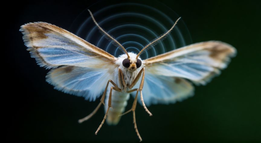 que animal oye mejor, Polilla de cera volando con ondas ultrasónicas alrededor, el animal que oye mejor