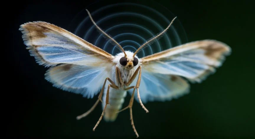 Polilla de cera volando con ondas ultrasónicas alrededor, el animal que oye mejor