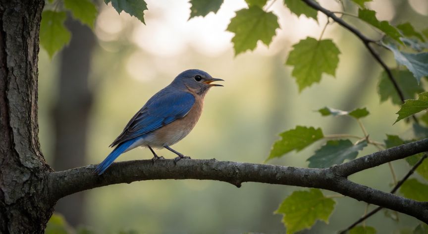que animal pone huevos azules, Pájaro azul posado en una rama del bosque