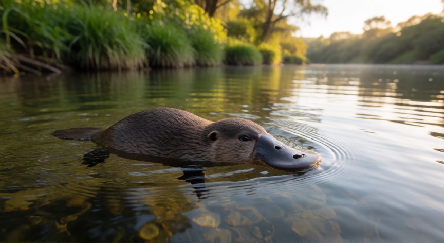 que animal pone huevos y da leche, Ornitorrinco nadando en un río de Australia al amanecer