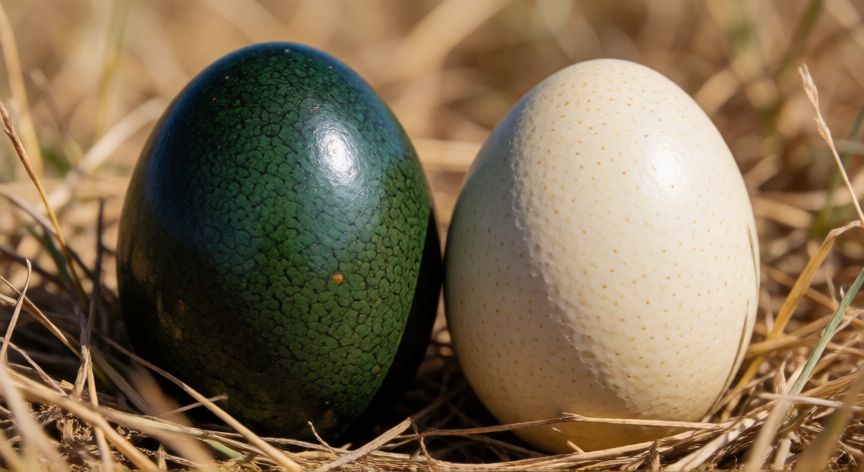 que animal pone los huevos mas grandes, Comparacion entre un huevo de emu verde esmeralda y un huevo de avestruz crema