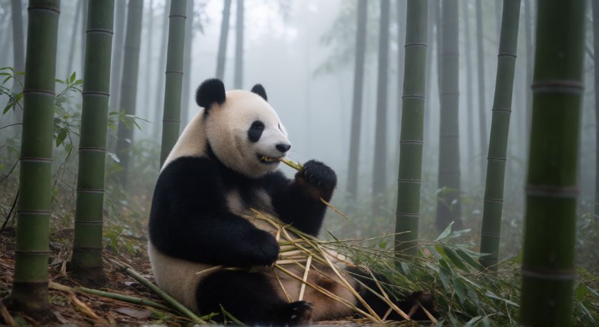 que animal prefiere vivir solo, Panda gigante comiendo bambú en soledad en un bosque neblinoso