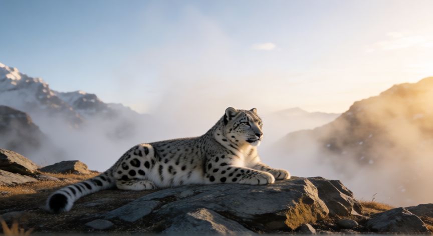 que animal prefiere vivir solo, Leopardo de las nieves en solitario sobre una cresta rocosa del Himalaya al atardecer