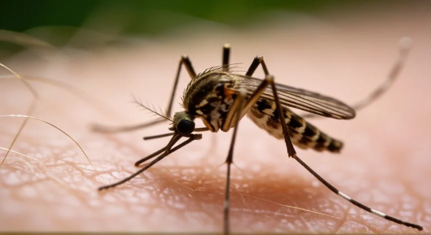 Mosquito de la malaria sobre la piel humana