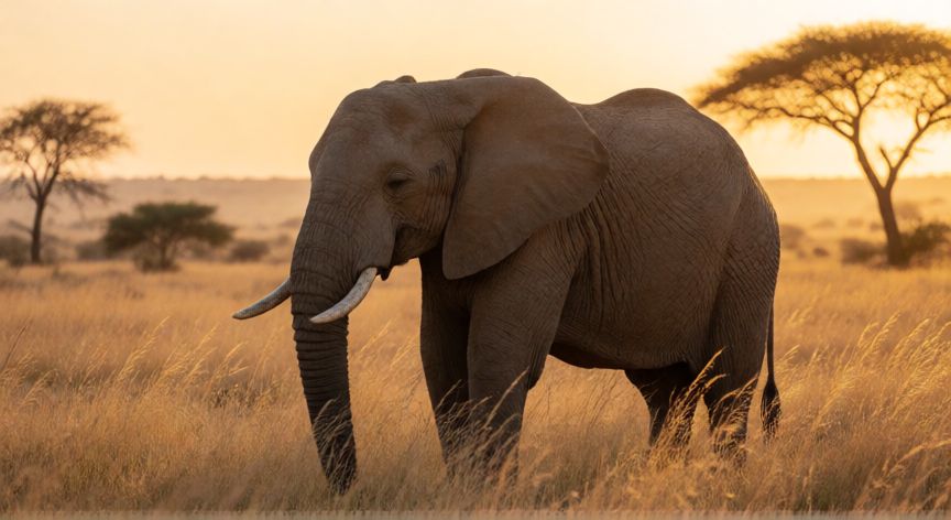 que animal que no duerme, Elefante africano de pie en la sabana al atardecer tomando una breve siesta