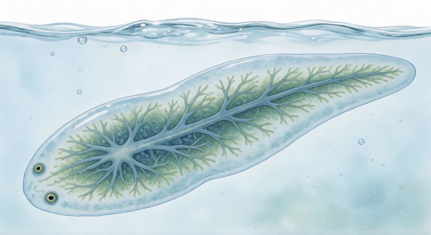 que animal que no tiene corazón, Ilustración de una planaria, gusano plano transparente sin corazón, nadando en el agua