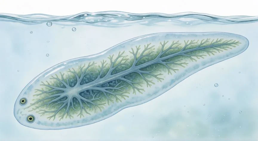 Ilustración de una planaria, gusano plano transparente sin corazón, nadando en el agua