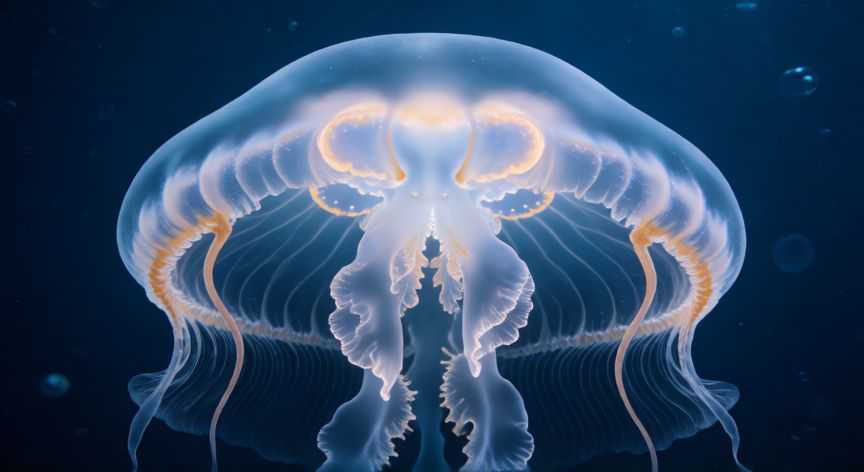 que animal que no tiene corazón, Diagrama en corte de una medusa mostrando su cuerpo gelatinoso sin corazón ni sistema circulatorio
