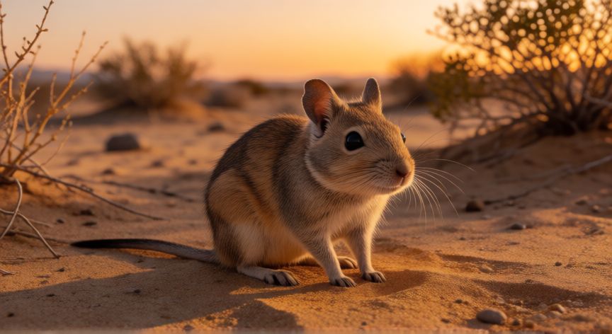 que animal que no toma agua, Ratón canguro del desierto de Norteamérica al atardecer sobre arena seca